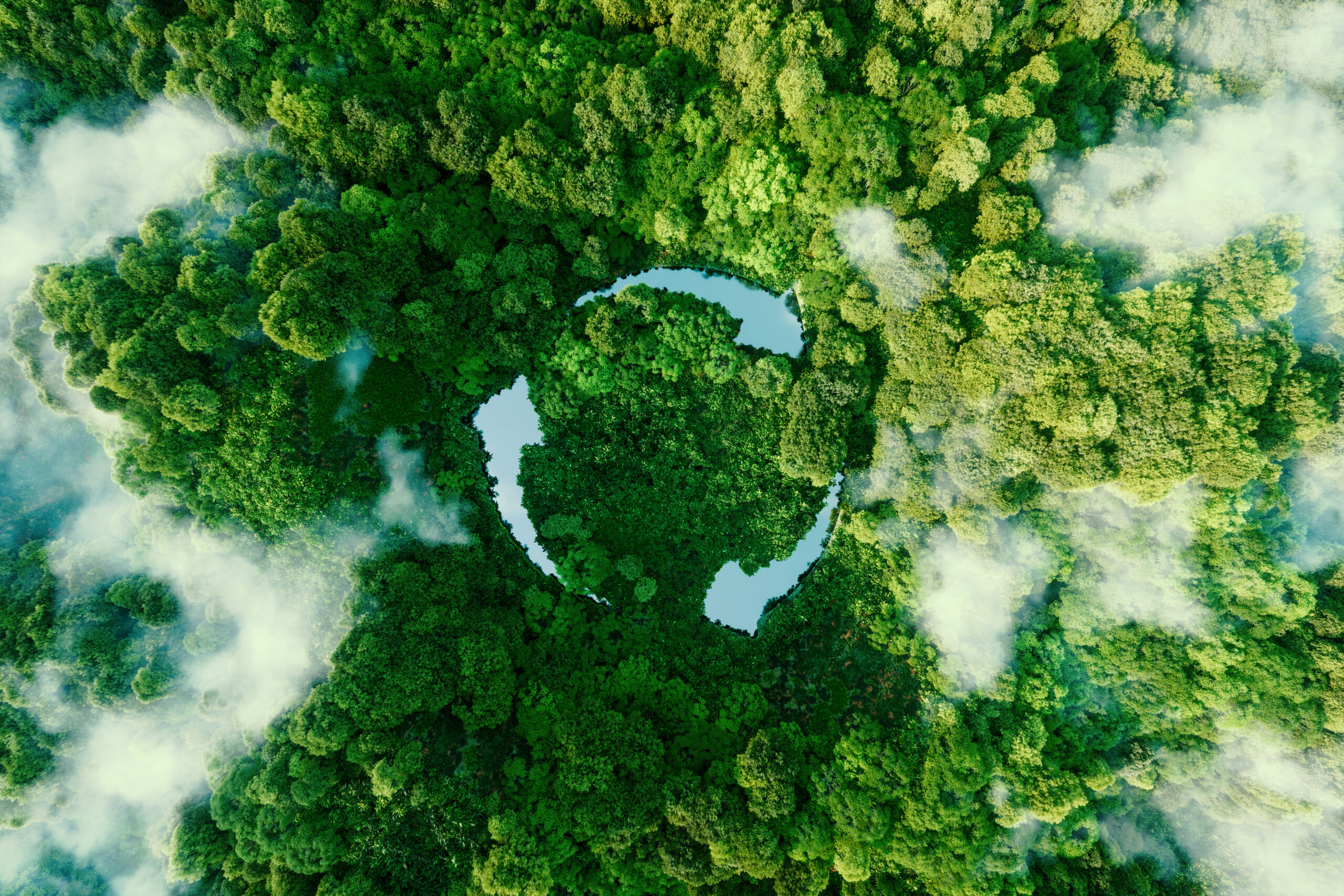 Abstract icon representing the ecological call to recycle and re Abstract icon representing the ecological call to recycle and reuse in the form of a pond with a recycling symbol in the middle of a beautiful untouched jungle. 3d rendering.