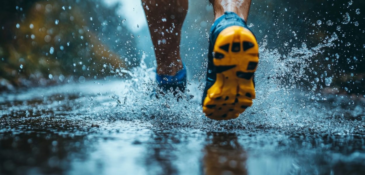 Below view of male athlete jogging in rain. Generative AI
